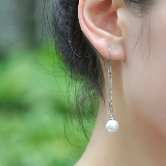Long Drop/dangle Stud Freshwater Pearl earrings - Picture 2 of 8